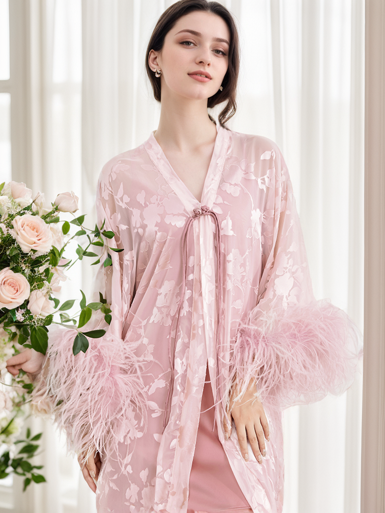 Luxurious Sequin Embroidered Lace Ostrich Feather Robe Set – Blush Pink Elegance