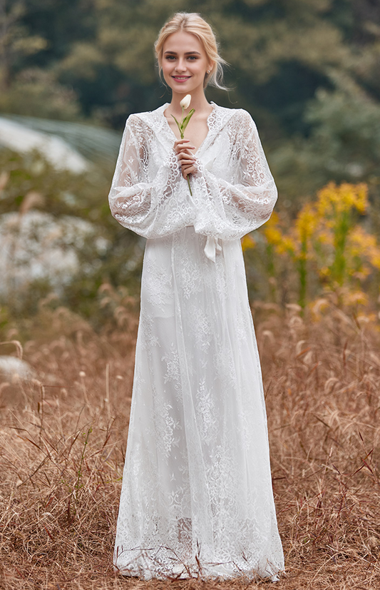 Romantic Floral Lace Hooded Bridal Robe Set – Long Sheer Lace Cover-Up with Satin Slip