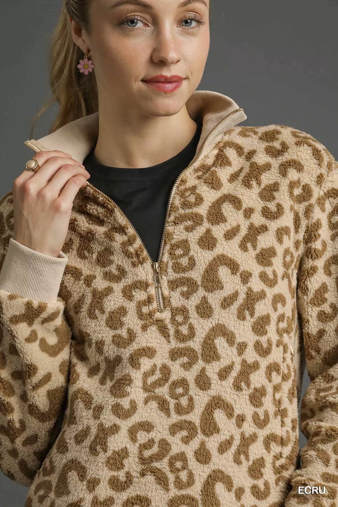 Umgee Leopard Print Quarter-Zip Sweatshirt