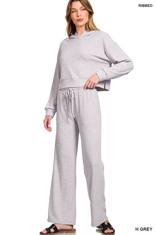 Zenana Ribbed Drawstring Lounge Pants in Grey