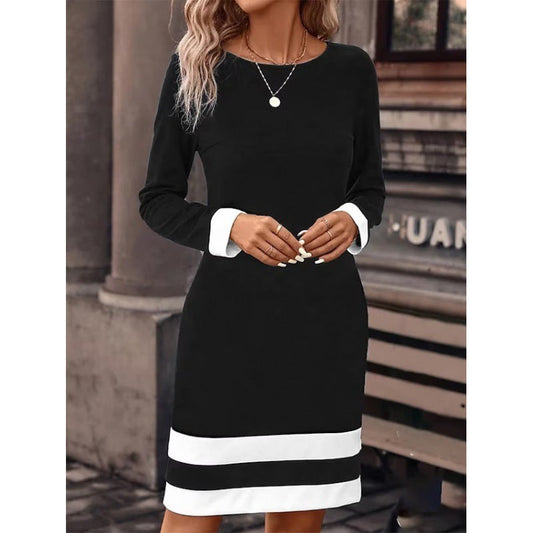 Fitted Color-Block Long-Sleeve Dress with Round Neckline
