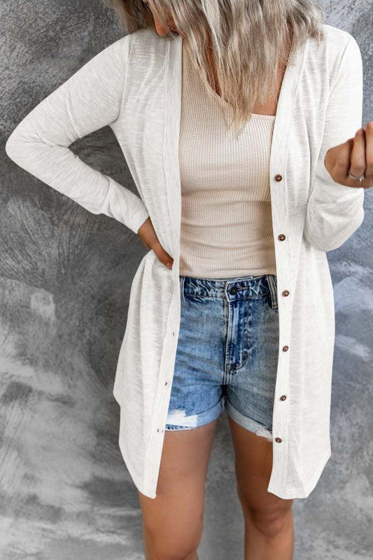 Solid Open-Front Buttoned Cardigan