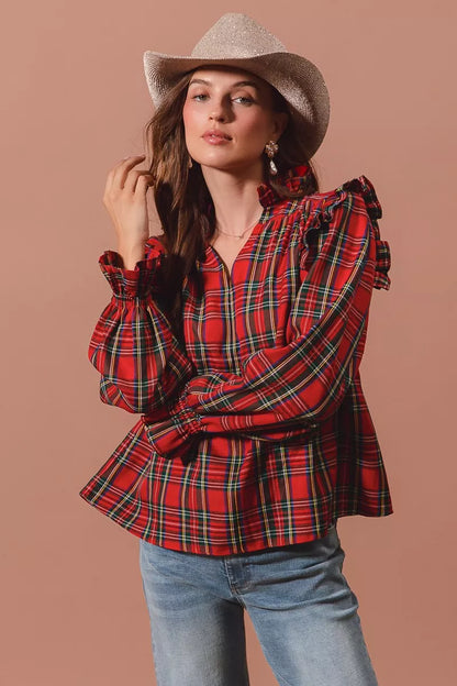 SO ME Christmas Checkered Plaid Smocked Blouse