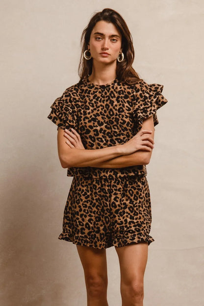 BiBi Leopard Print Waffle Texture Layered Ruffle Sleeve Top and Shorts Set