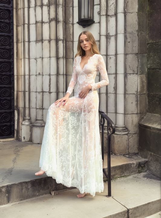 Luxury Long Sleeve Lace Sheer Robe Dress | Bridal Getting Ready & Boudoir Gown