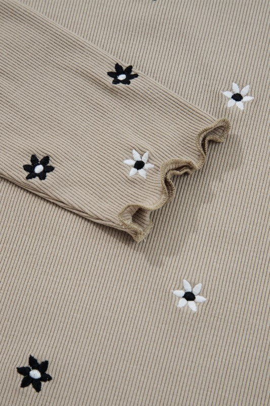 Floral Ribbed Embroidered Long Sleeve Top