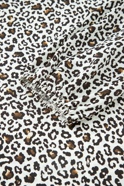 Plus Size Leopard Half-Button Collared Puff Sleeve