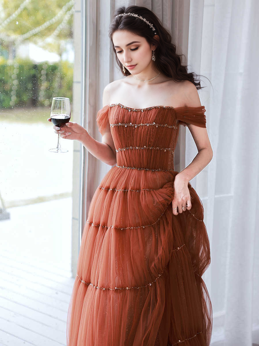 Tiered Tulle Off-Shoulder Gown with Crystal Beading