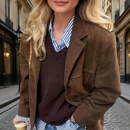 Suede-Look Blazer Jacket — V-Notch Lapel, Button-Front Casual Coat