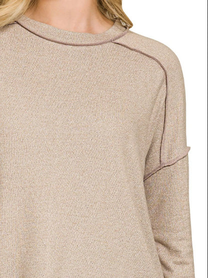 Zenana Full Size Melange Hacci Exposed Seam Hi-low Tee Plus Size