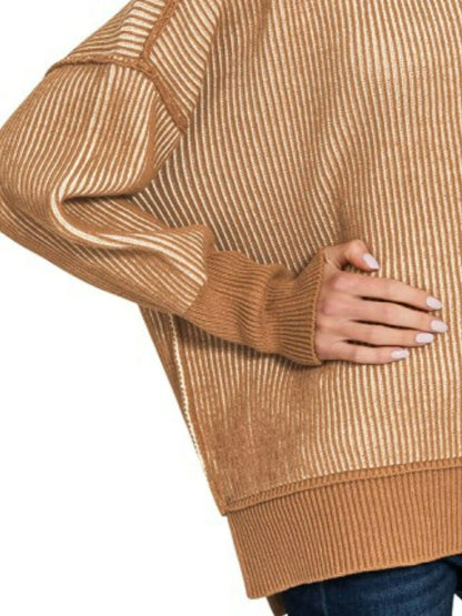Zenana Exposed Seam Two Tone Ribbed Sweater