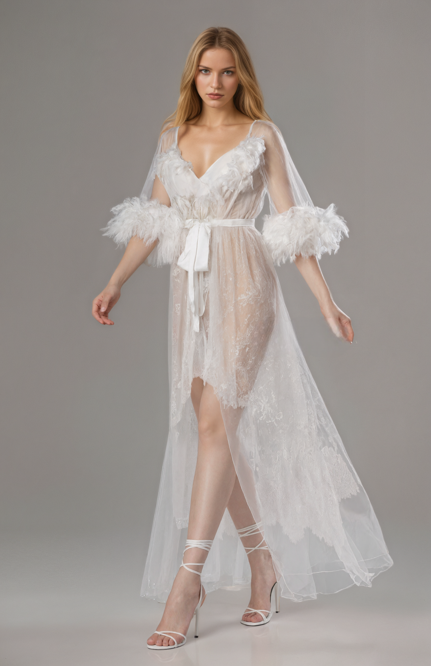 Luxury White Turkey Feather Lace Sheer Robe Dress Set | Bridal Getting Ready Gown