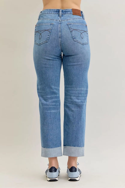 Judy Blue High Waist Bf Criss-cross Mild Destroy Jeans with Single Cuff
