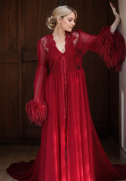Ethereal Lace & Feather-Trimmed Sheer Bridal Robe – Vintage Luxury Loungewear