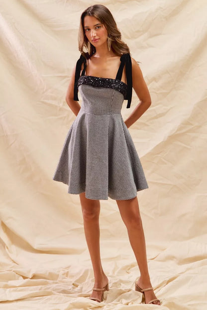 SO ME Houndstooth Fit Flare Mini Dress with Shoulder Tie