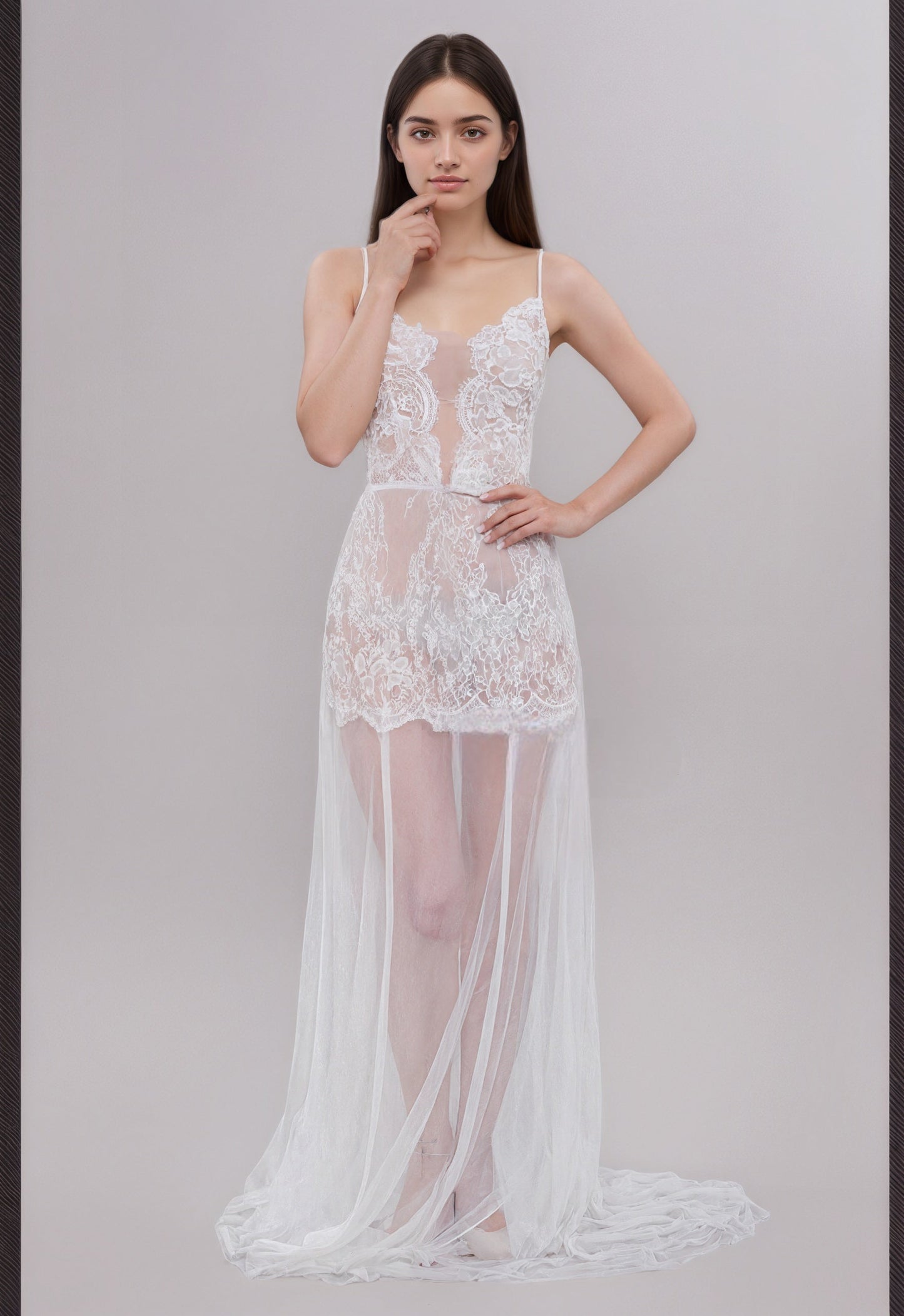 Ethereal Lace Sheer Long Robe with Flowing Train – Elegant Bridal Boudoir Gown