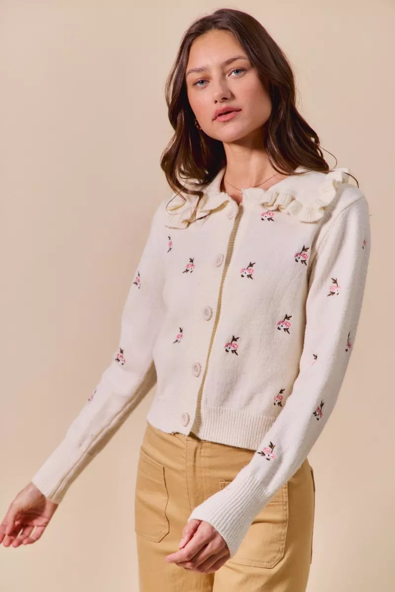 SO ME Collared Floral Embroidered Button Down Sweater Cardigan