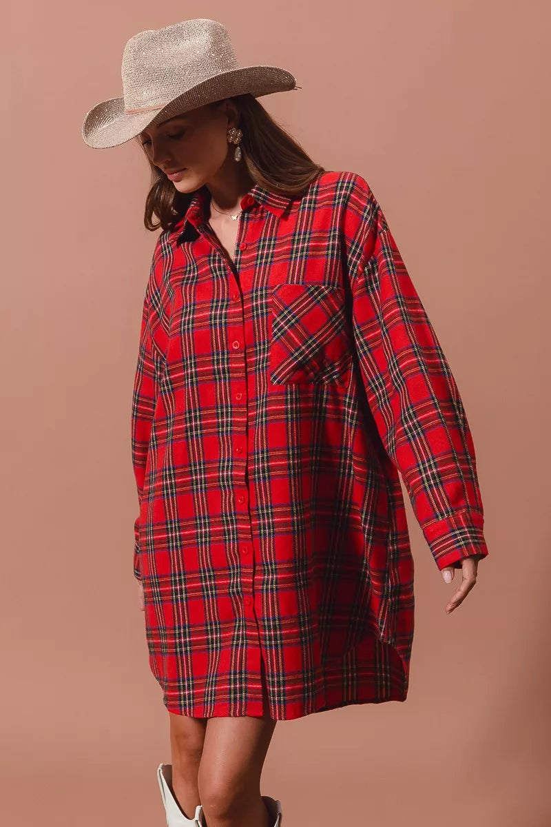 SO ME Christmas Checker Plaid Button Up Shirt Dress
