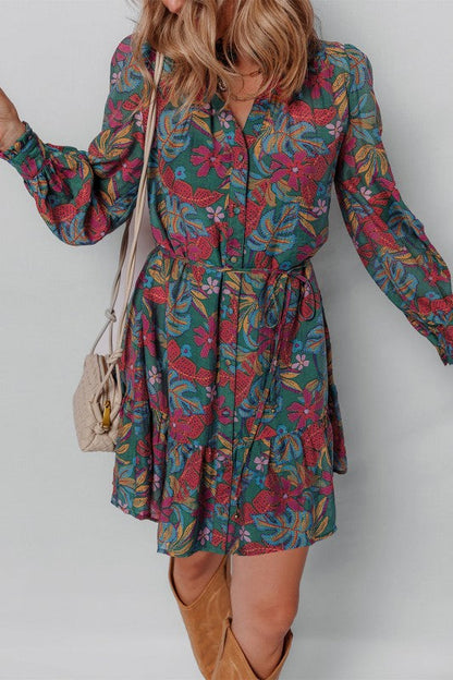 Floral Frilled V-Neck Puff Sleeve Ruffle Shirt Dress