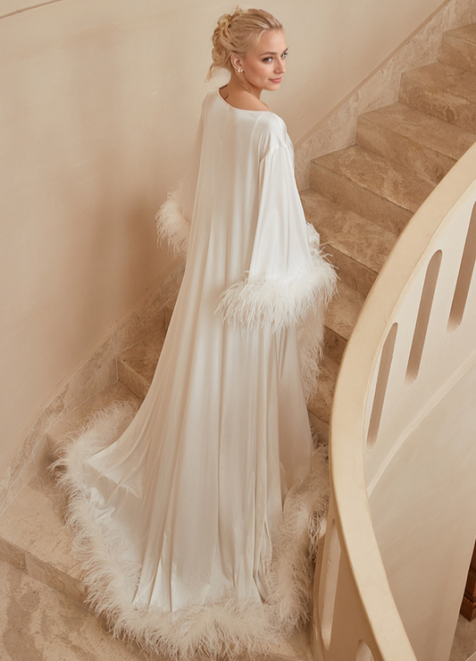 Luxury Thick Ostrich Feather Floor-Length Satin Robe with Train – Elegant Bridal Loungewear