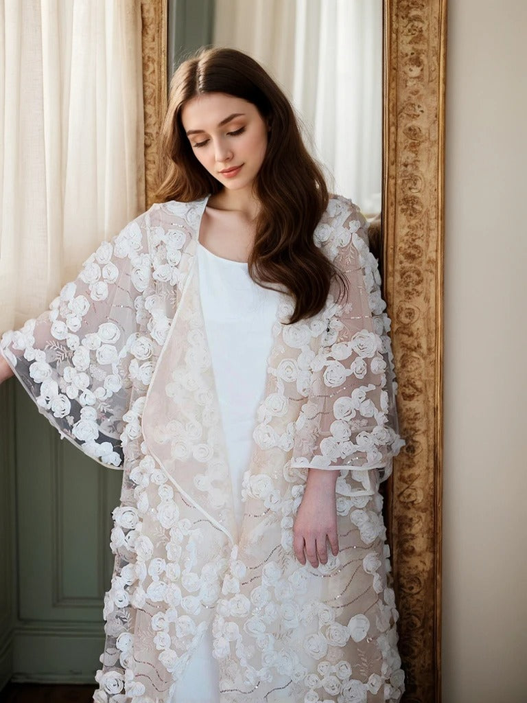 Ethereal 3D Floral Lace Bridal Robe – Elegant Sheer Wedding Cover-Up