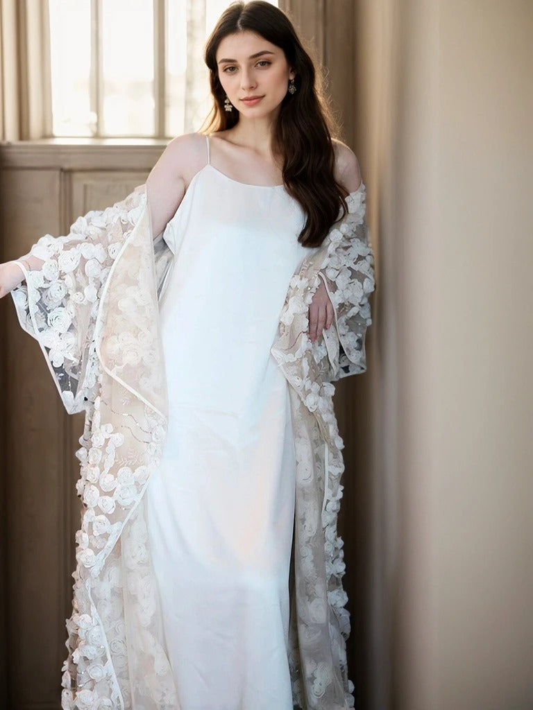 Ethereal 3D Floral Lace Bridal Robe – Elegant Sheer Wedding Cover-Up