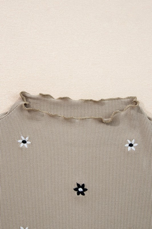 Floral Ribbed Embroidered Long Sleeve Top