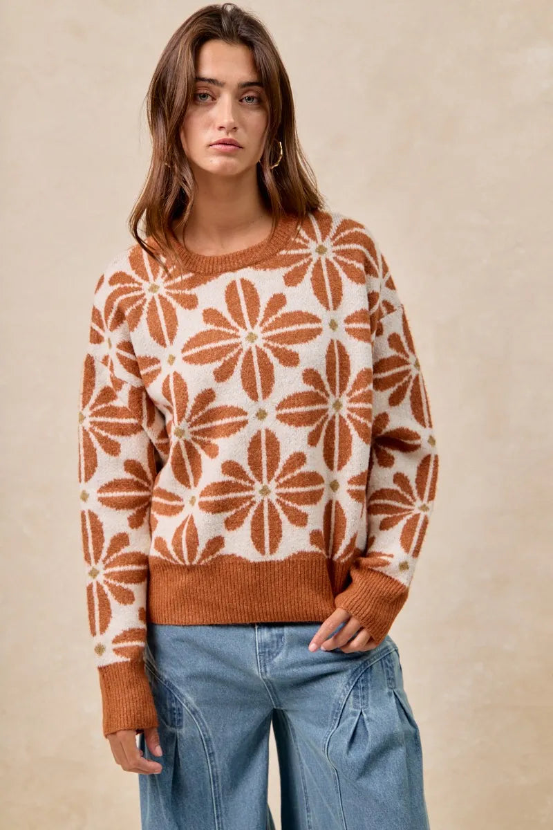 BiBi Flower Pattern Long Sleeve Sweater