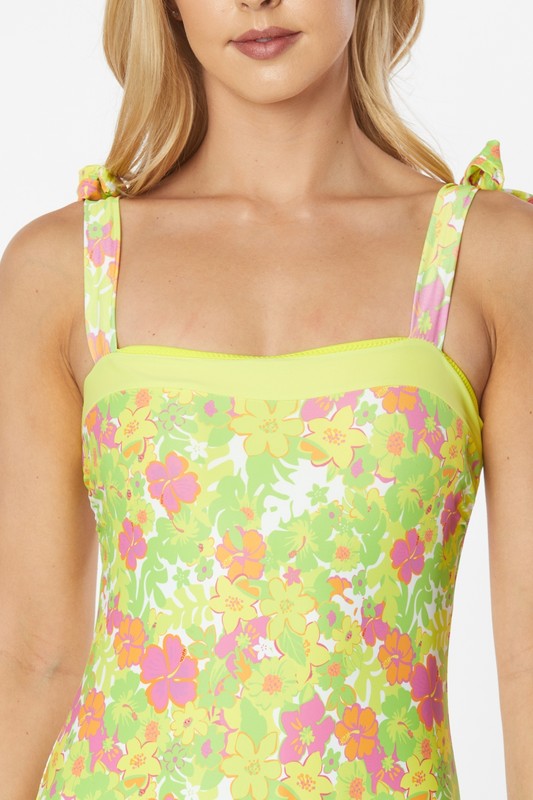 One Piece Floral Print Shoulder Top Tie Swimsuit