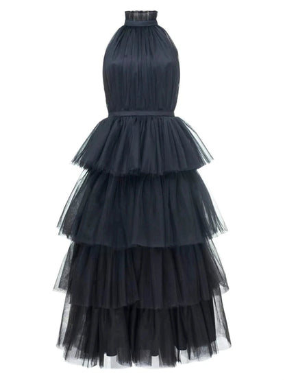 Ruffle Layered tulle Hem Haltered A-line tutu French style long prom dress