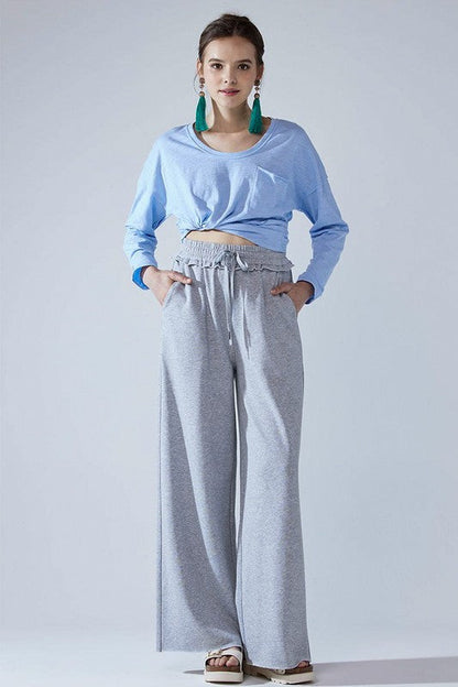 Plus Ruffle Wide Leg Fray Hem Sweatpants