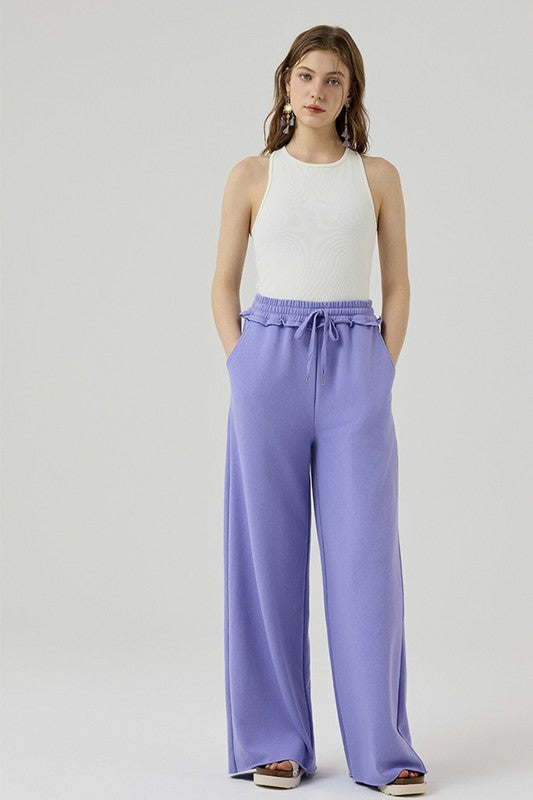 Plus Ruffle Wide Leg Fray Hem Sweatpants