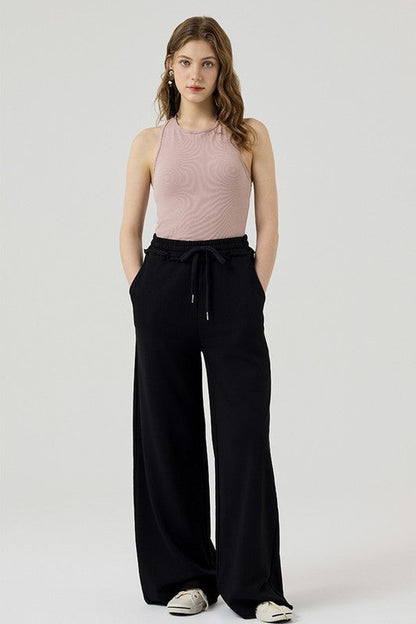 Plus Ruffle Wide Leg Fray Hem Sweatpants