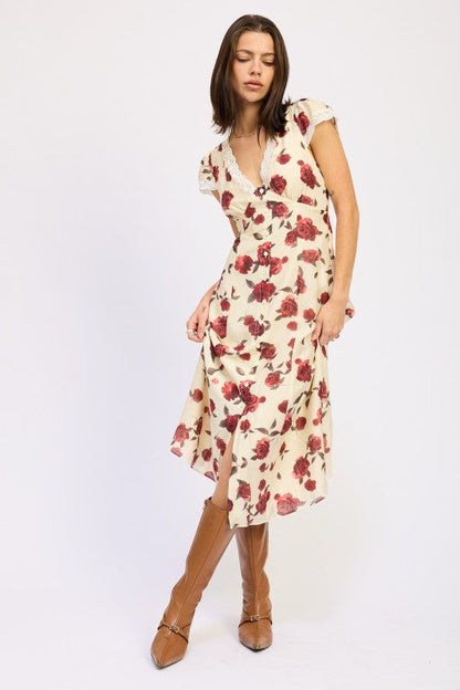 Emory Park Floral Midi Dress with Cap Sleeve and Lace Detail