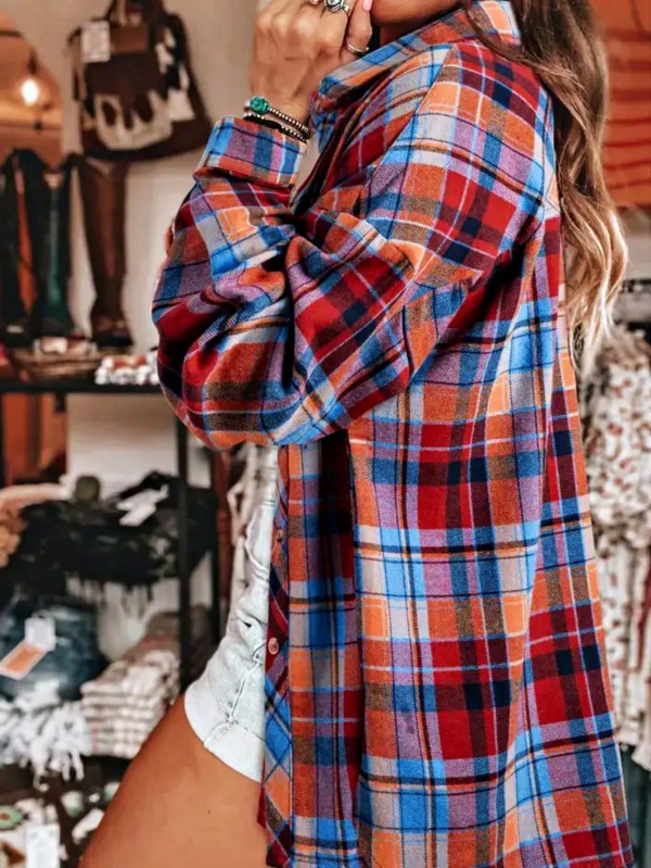 Cotton Boho Red Mint Plaid Button Shirt Shacket