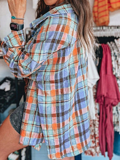 Cotton Boho Red Mint Plaid Button Shirt Shacket