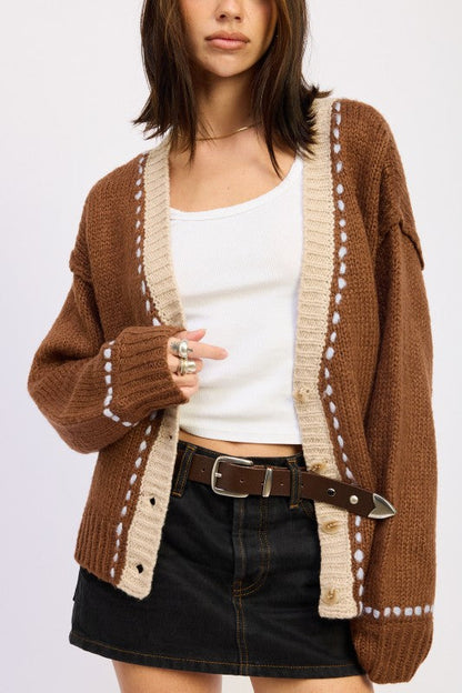 Emory Park Button Down Contrasted Cardigan in Chocolate