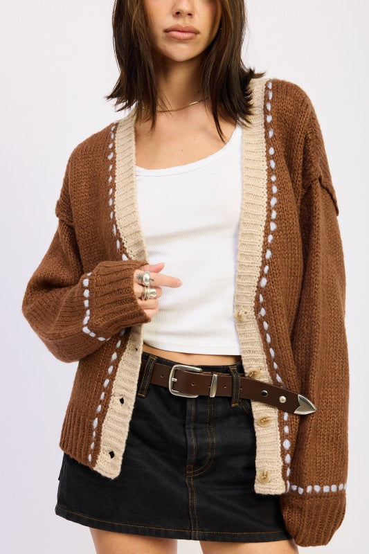 Emory Park Button Down Contrasted Cardigan in Chocolate