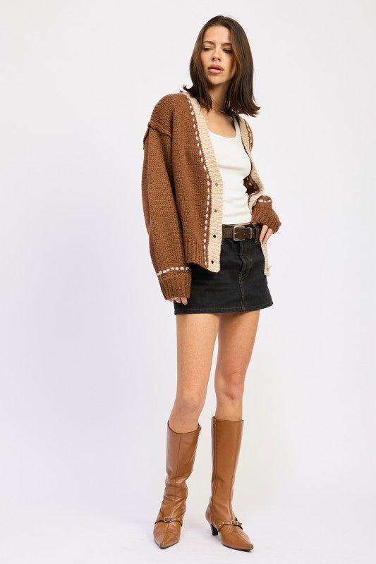 Emory Park Button Down Contrasted Cardigan in Chocolate