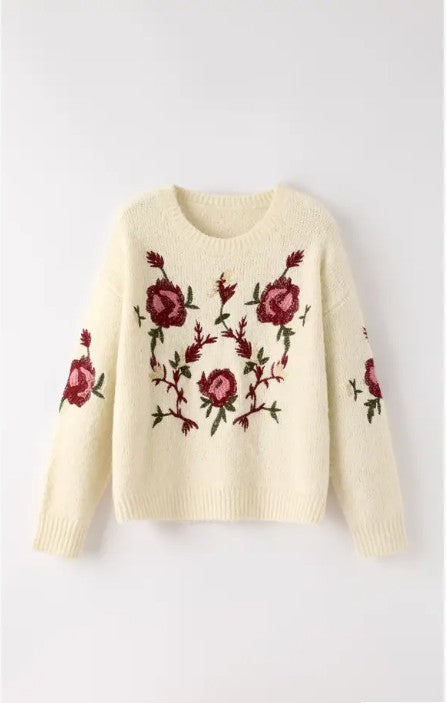 Miss Sparkling |Floral Embroidered Knit Sweater
