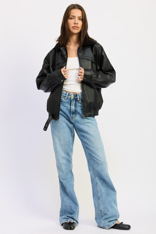 Emory Park Shearling Collar Vegan Leather Jacket