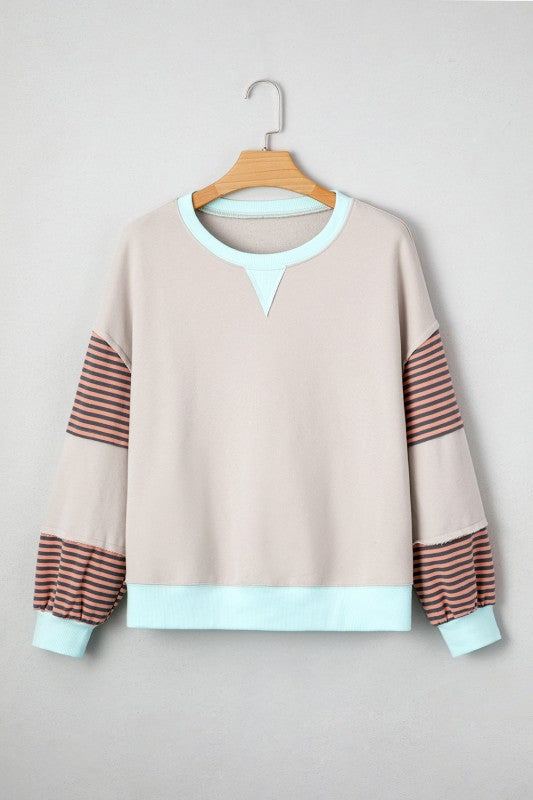 Cotton Colorblock Patchwork Striped  Sweatshirt