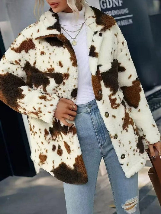 Miss Sparkling |Cow Print Sherpa Jacket
