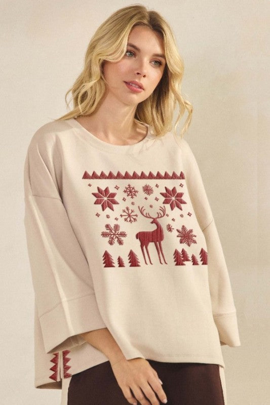 Reindeer in the Snow Ultra Comfy Embroidered Top