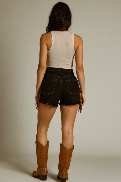 GJG Denim Vaquera Fringe Short in Black Denim