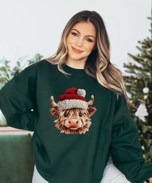 Crochet Christmas Highland Cow Graphic Sweatshirt
