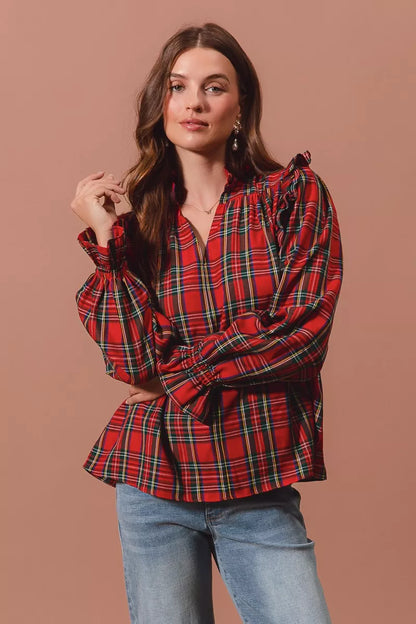 SO ME Christmas Checkered Plaid Smocked Blouse