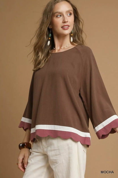 Umgee Scalloped Hem Color Block Top