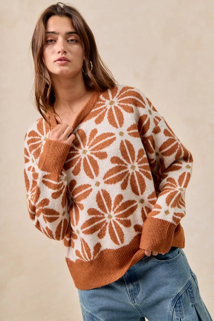 BiBi Flower Pattern Long Sleeve Sweater