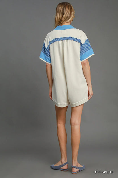 Umgee French Terry Collared Colorblock Romper in Off White